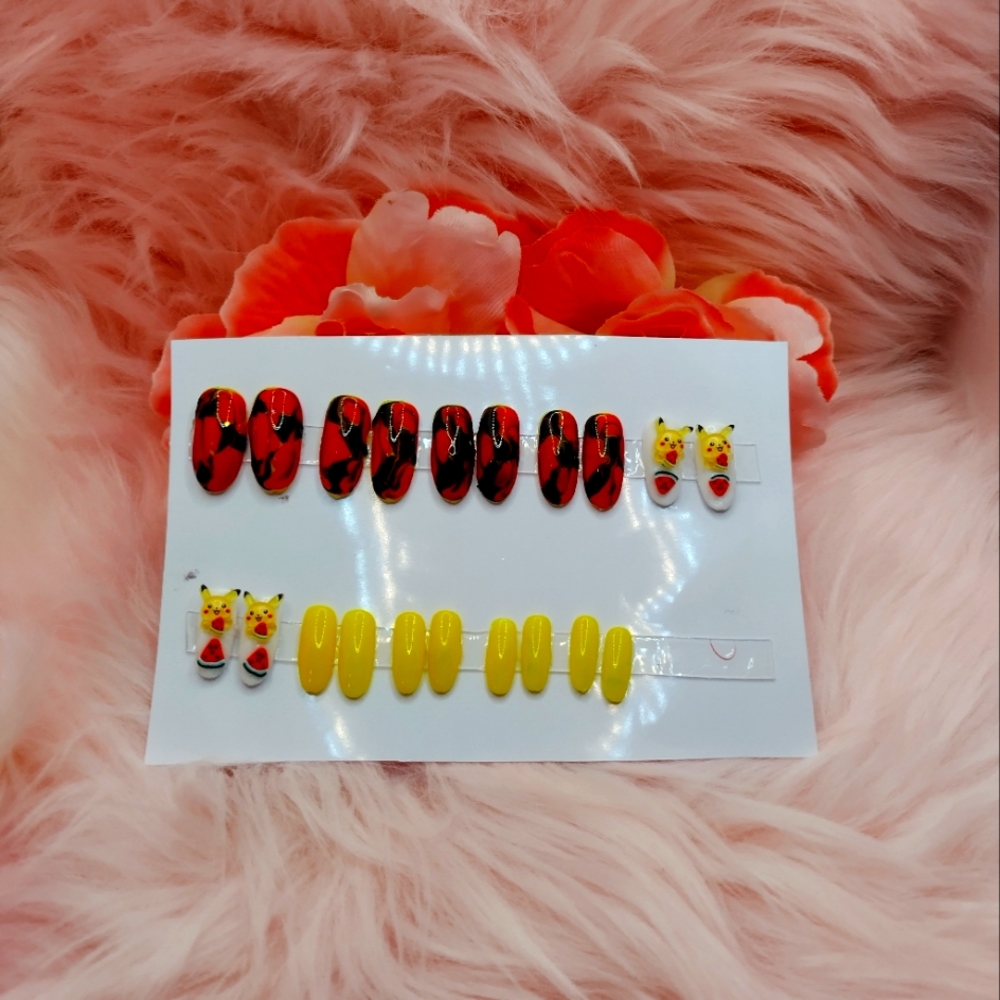 Custom press on nails 20 piece set of pokémon yellow black red with  Pikachu